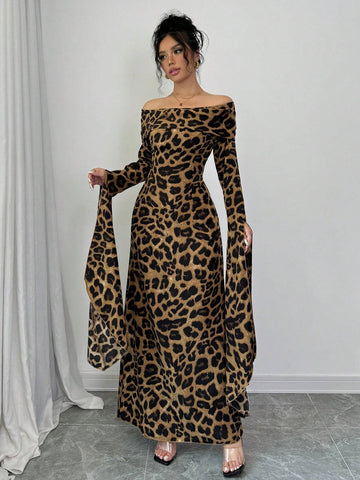Women's Leopard Print Off Shoulder Extra Long Sleeve Elegant Dress