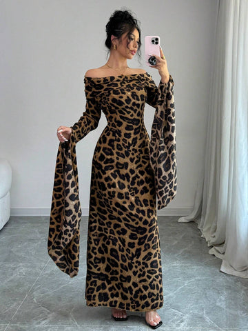Women's Leopard Print Off Shoulder Extra Long Sleeve Elegant Dress