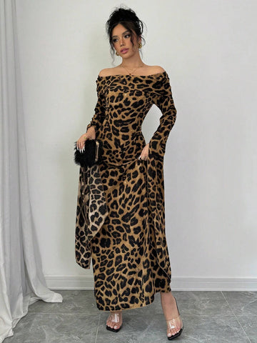 Women's Leopard Print Off Shoulder Extra Long Sleeve Elegant Dress