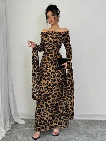Women's Leopard Print Off Shoulder Extra Long Sleeve Elegant Dress