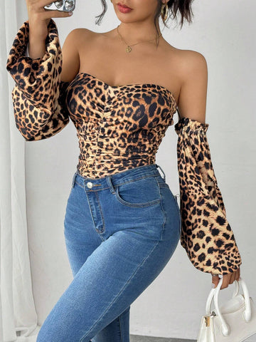 Women's Leopard Print Off Shoulder Lantern Sleeve Ruched Bodysuit