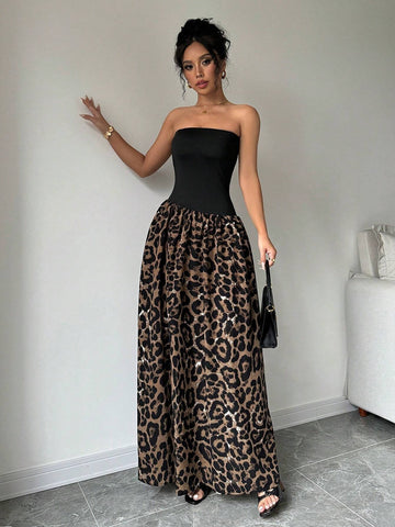 Women's Leopard Print Patchwork Sleeveless Dress