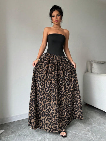 Women's Leopard Print Patchwork Sleeveless Dress