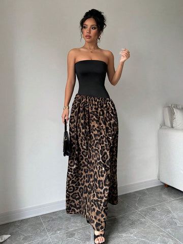 Women's Leopard Print Patchwork Sleeveless Dress