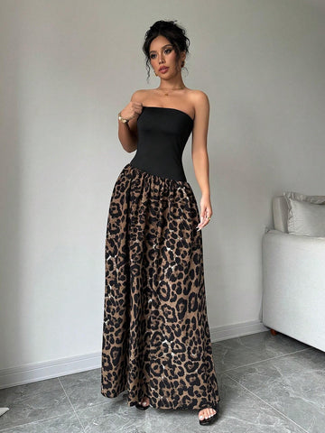 Women's Leopard Print Patchwork Sleeveless Dress