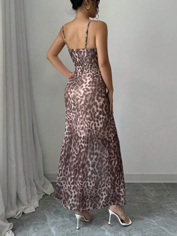 Women's Leopard Print Spaghetti Strap Mesh Panel Summer Dress
