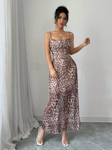 Women's Leopard Print Spaghetti Strap Mesh Panel Summer Dress