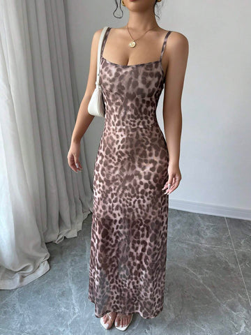 Women's Leopard Print Spaghetti Strap Mesh Panel Summer Dress