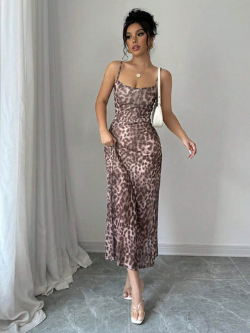 Women's Leopard Print Spaghetti Strap Mesh Panel Summer Dress