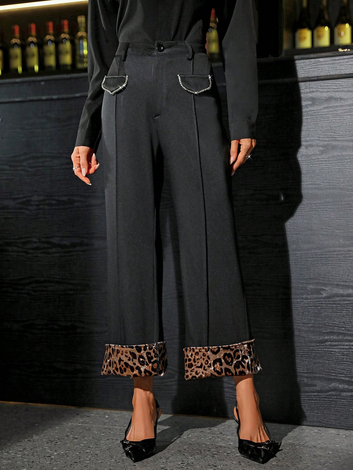 Privé Women's Leopard Print Velvet Patchwork Pants With Chain Decoration