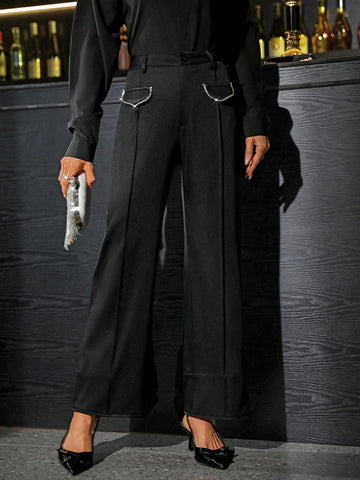 Privé Women's Leopard Print Velvet Patchwork Pants With Chain Decoration