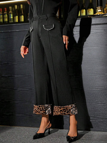 Privé Women's Leopard Print Velvet Patchwork Pants With Chain Decoration