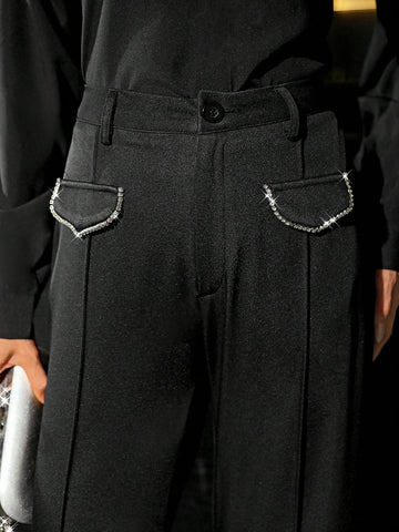 Privé Women's Leopard Print Velvet Patchwork Pants With Chain Decoration