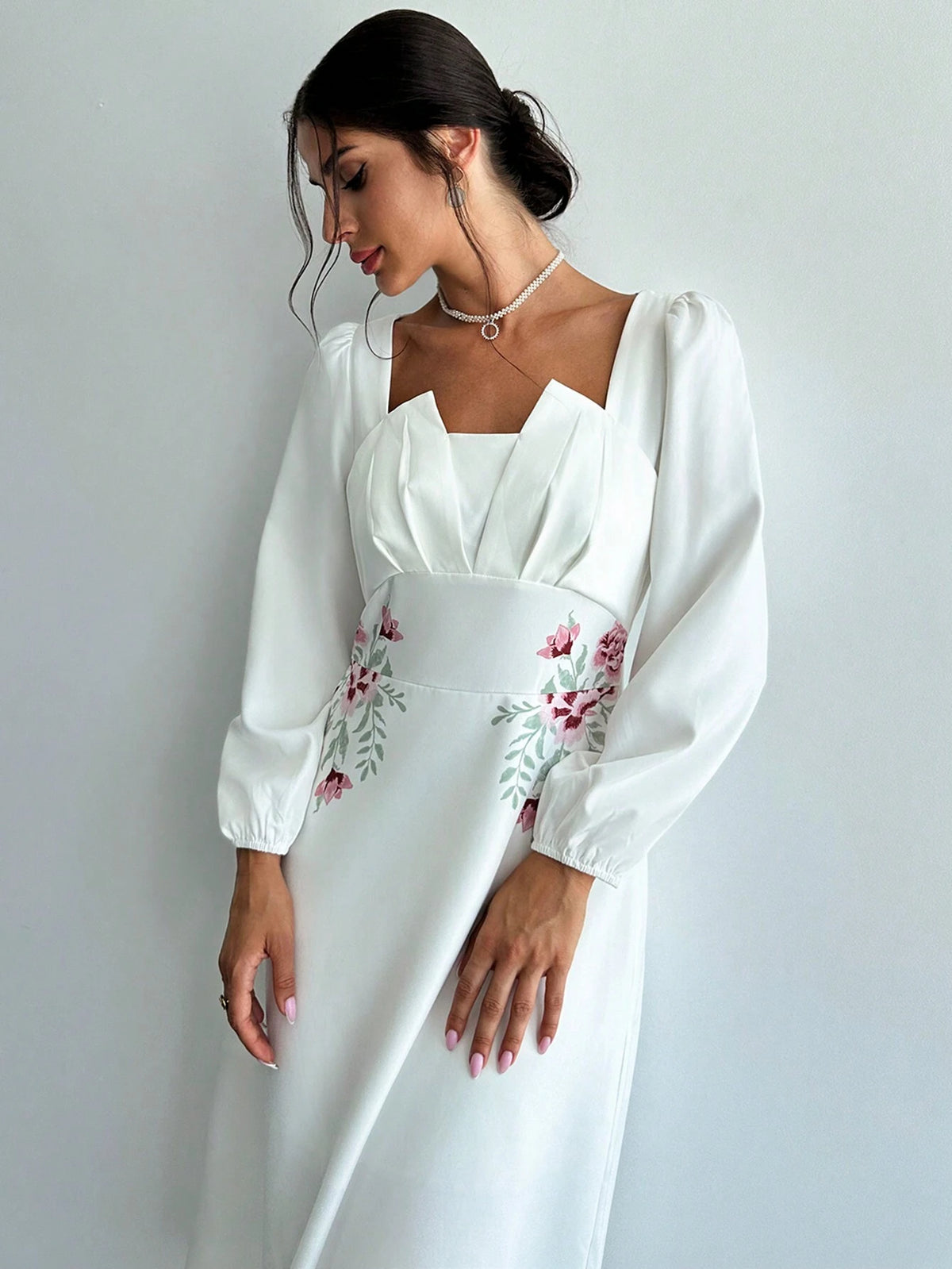 Women's Long Sleeve Peplum Waist A-Line Dresses With Symmetric Neck Floral Design, Suitable For Wedding/Engagement, Concert/Festival, Graduation