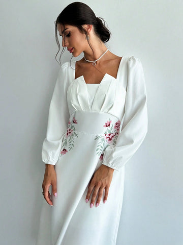 Women's Long Sleeve Peplum Waist A-Line Dresses With Symmetric Neck Floral Design, Suitable For Wedding/Engagement, Concert/Festival, Graduation