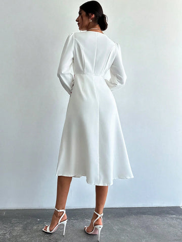 Women's Long Sleeve Peplum Waist A-Line Dresses With Symmetric Neck Floral Design, Suitable For Wedding/Engagement, Concert/Festival, Graduation