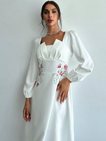Women's Long Sleeve Peplum Waist A-Line Dresses With Symmetric Neck Floral Design, Suitable For Wedding/Engagement, Concert/Festival, Graduation