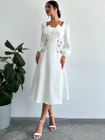 Women's Long Sleeve Peplum Waist A-Line Dresses With Symmetric Neck Floral Design, Suitable For Wedding/Engagement, Concert/Festival, Graduation