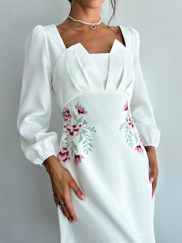 Women's Long Sleeve Peplum Waist A-Line Dresses With Symmetric Neck Floral Design, Suitable For Wedding/Engagement, Concert/Festival, Graduation