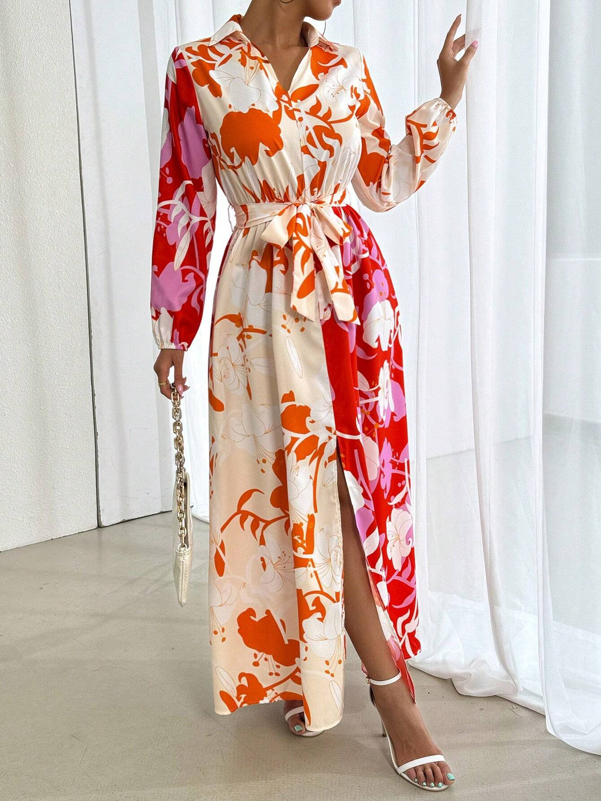Women's Long Sleeve Self-Tie Summer Dress With Allover Print And Slit Hem