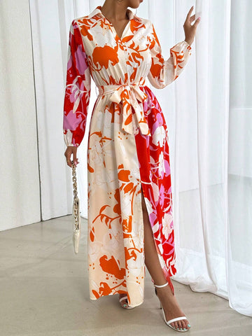 Women's Long Sleeve Self-Tie Summer Dress With Allover Print And Slit Hem