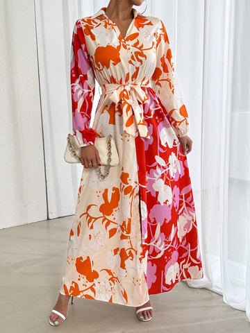 Women's Long Sleeve Self-Tie Summer Dress With Allover Print And Slit Hem