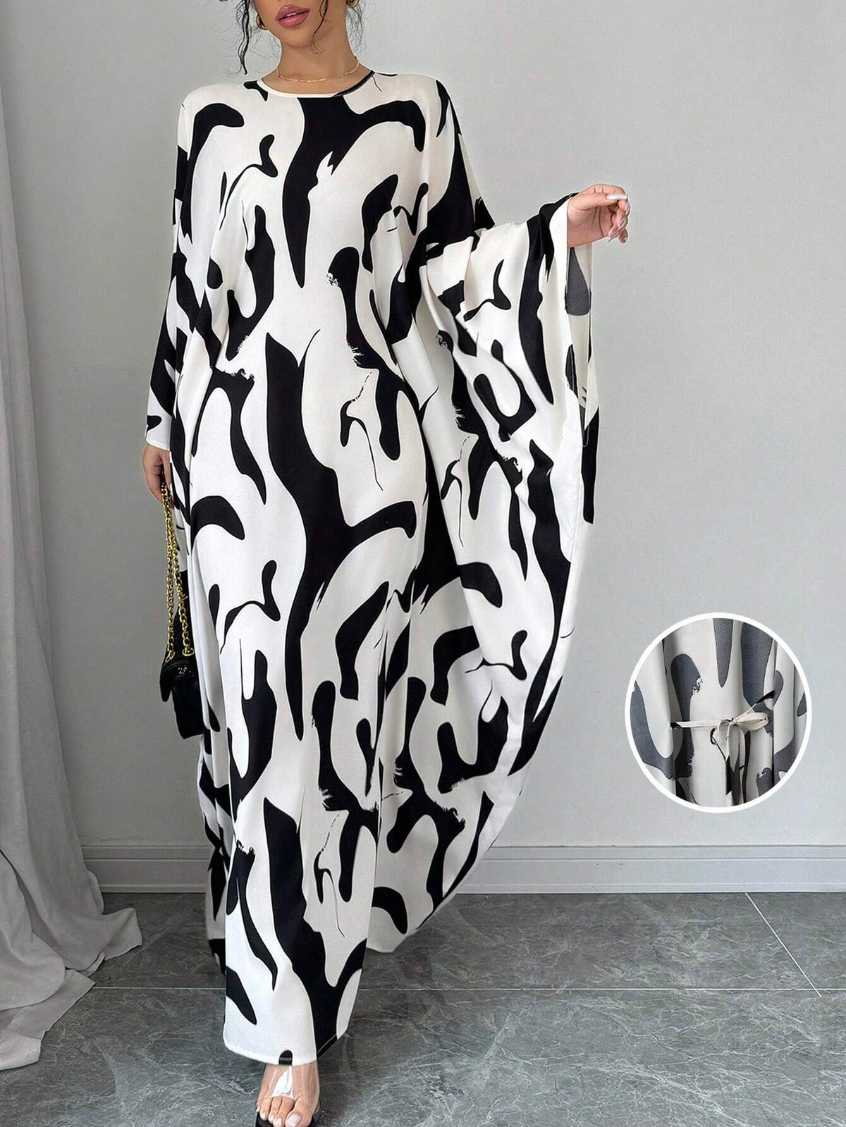 Women's Loose Batwing Sleeve Belted Abstract Print Elegant Long Dress