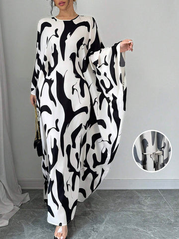 Women's Loose Batwing Sleeve Belted Abstract Print Elegant Long Dress