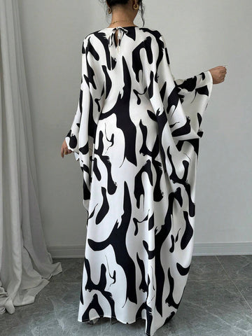 Women's Loose Batwing Sleeve Belted Abstract Print Elegant Long Dress