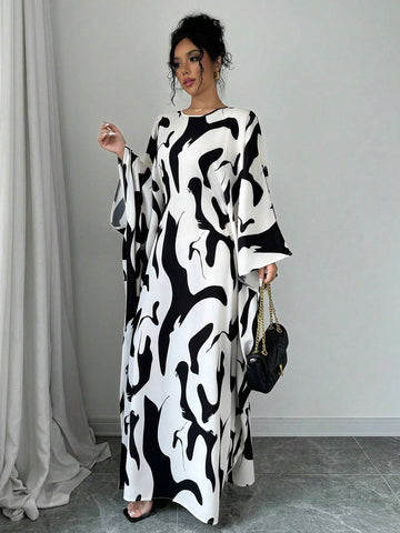 Women's Loose Batwing Sleeve Belted Abstract Print Elegant Long Dress