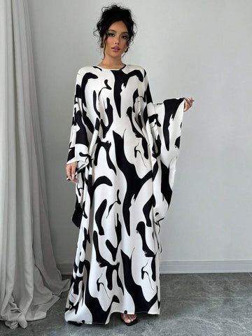 Women's Loose Batwing Sleeve Belted Abstract Print Elegant Long Dress
