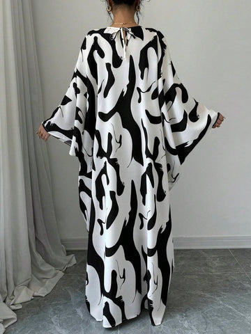 Women's Loose Batwing Sleeve Belted Abstract Print Elegant Long Dress