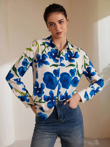 Privé Women's Loose Fit Long Sleeve Shirt With Random Watercolor Floral Print Buttons