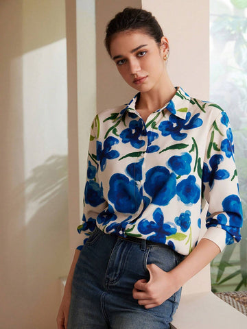 Privé Women's Loose Fit Long Sleeve Shirt With Random Watercolor Floral Print Buttons