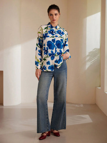 Privé Women's Loose Fit Long Sleeve Shirt With Random Watercolor Floral Print Buttons