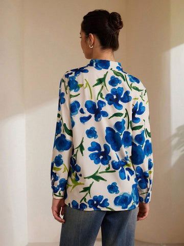 Privé Women's Loose Fit Long Sleeve Shirt With Random Watercolor Floral Print Buttons