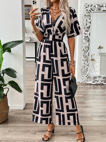Women's Loose Geometric Printed Batwing Sleeve Jumpsuit With Belt, Summer