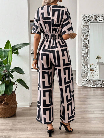 Women's Loose Geometric Printed Batwing Sleeve Jumpsuit With Belt, Summer
