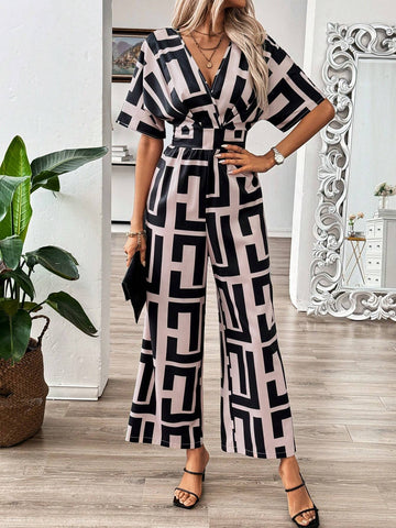 Women's Loose Geometric Printed Batwing Sleeve Jumpsuit With Belt, Summer