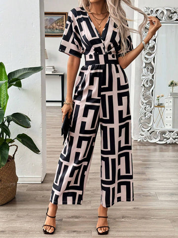 Women's Loose Geometric Printed Batwing Sleeve Jumpsuit With Belt, Summer