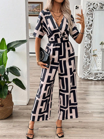 Women's Loose Geometric Printed Batwing Sleeve Jumpsuit With Belt, Summer