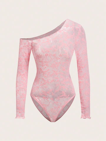 Women's Mesh Jacquard Asymmetric Collar Bodysuit
