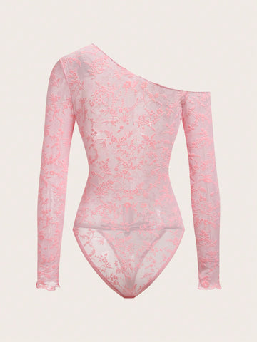 Women's Mesh Jacquard Asymmetric Collar Bodysuit