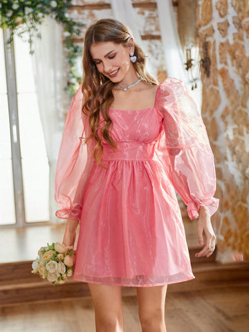 Women's Mesh Puff Sleeve Waist-Flattering Dress