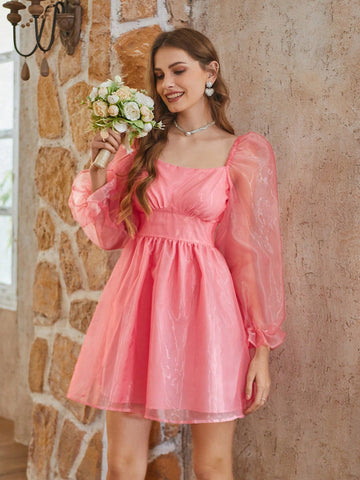 Women's Mesh Puff Sleeve Waist-Flattering Dress