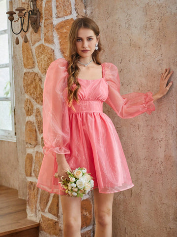 Women's Mesh Puff Sleeve Waist-Flattering Dress