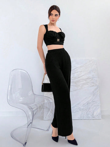 Women's Metal Buckle Design Pleated Cami Top And High Waist Wide Leg Pants Set, Textured Fabric
