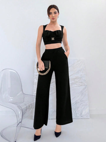 Women's Metal Buckle Design Pleated Cami Top And High Waist Wide Leg Pants Set, Textured Fabric