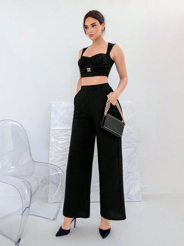 Women's Metal Buckle Design Pleated Cami Top And High Waist Wide Leg Pants Set, Textured Fabric