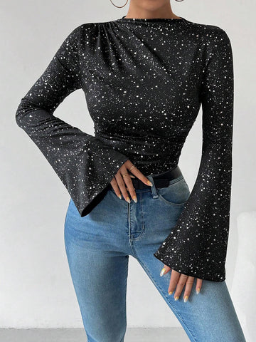 Women's Metallic Silver Allover Print Ruched Flare Sleeve Bodysuit